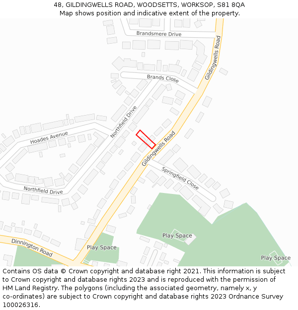 48, GILDINGWELLS ROAD, WOODSETTS, WORKSOP, S81 8QA: Location map and indicative extent of plot