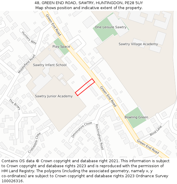 48, GREEN END ROAD, SAWTRY, HUNTINGDON, PE28 5UY: Location map and indicative extent of plot