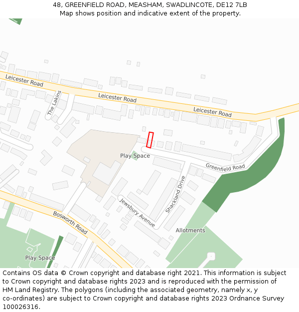 48, GREENFIELD ROAD, MEASHAM, SWADLINCOTE, DE12 7LB: Location map and indicative extent of plot