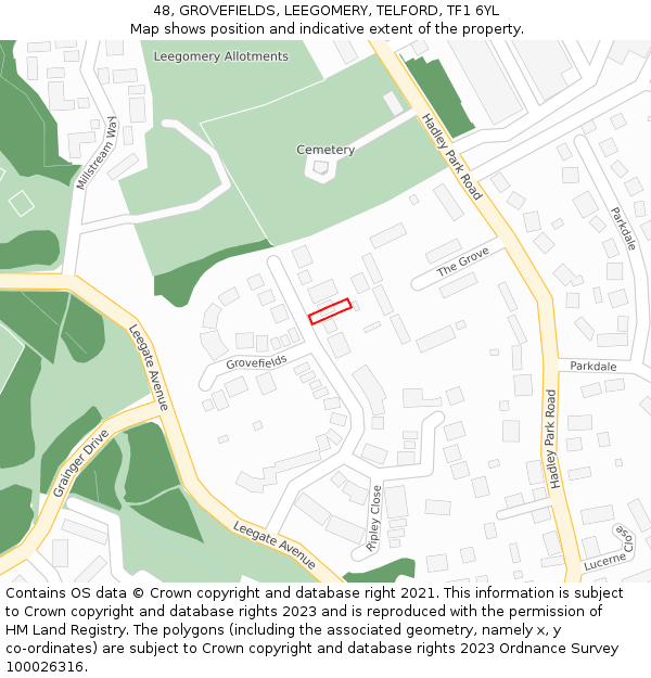 48, GROVEFIELDS, LEEGOMERY, TELFORD, TF1 6YL: Location map and indicative extent of plot