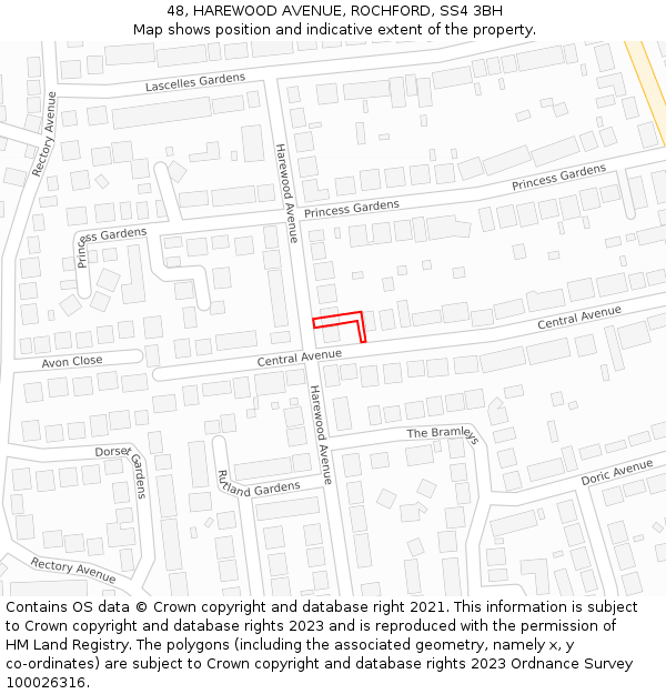 48, HAREWOOD AVENUE, ROCHFORD, SS4 3BH: Location map and indicative extent of plot