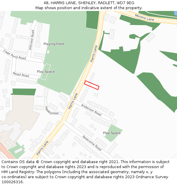 48, HARRIS LANE, SHENLEY, RADLETT, WD7 9EG: Location map and indicative extent of plot