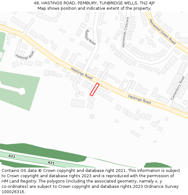 48, HASTINGS ROAD, PEMBURY, TUNBRIDGE WELLS, TN2 4JP: Location map and indicative extent of plot