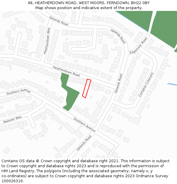 48, HEATHERDOWN ROAD, WEST MOORS, FERNDOWN, BH22 0BY: Location map and indicative extent of plot