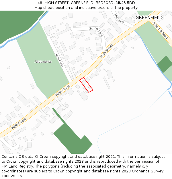 48, HIGH STREET, GREENFIELD, BEDFORD, MK45 5DD: Location map and indicative extent of plot