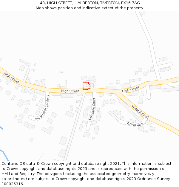 48, HIGH STREET, HALBERTON, TIVERTON, EX16 7AG: Location map and indicative extent of plot