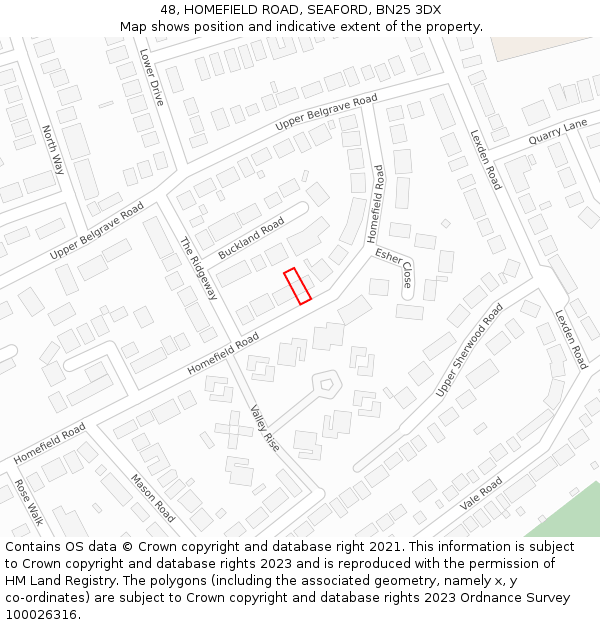 48, HOMEFIELD ROAD, SEAFORD, BN25 3DX: Location map and indicative extent of plot