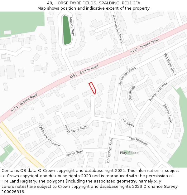 48, HORSE FAYRE FIELDS, SPALDING, PE11 3FA: Location map and indicative extent of plot