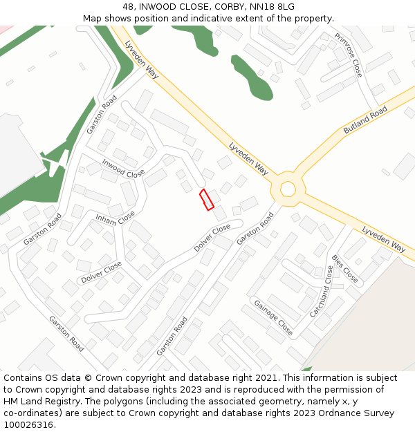 48, INWOOD CLOSE, CORBY, NN18 8LG: Location map and indicative extent of plot