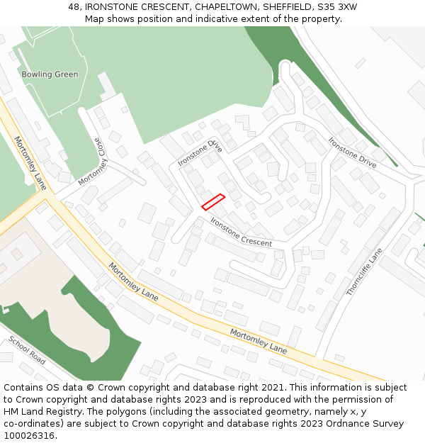 48, IRONSTONE CRESCENT, CHAPELTOWN, SHEFFIELD, S35 3XW: Location map and indicative extent of plot