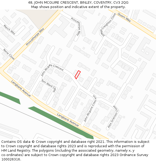 48, JOHN MCGUIRE CRESCENT, BINLEY, COVENTRY, CV3 2QG: Location map and indicative extent of plot