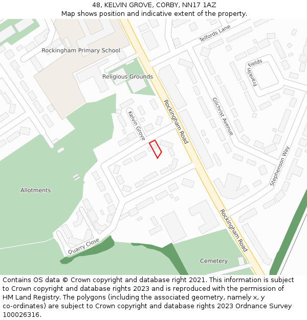 48, KELVIN GROVE, CORBY, NN17 1AZ: Location map and indicative extent of plot