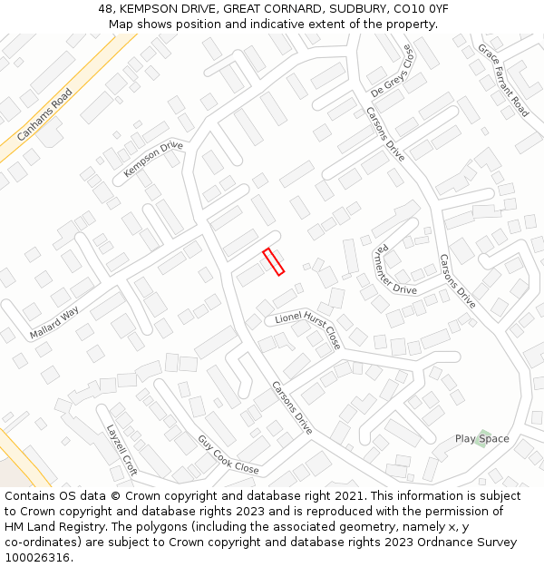 48, KEMPSON DRIVE, GREAT CORNARD, SUDBURY, CO10 0YF: Location map and indicative extent of plot