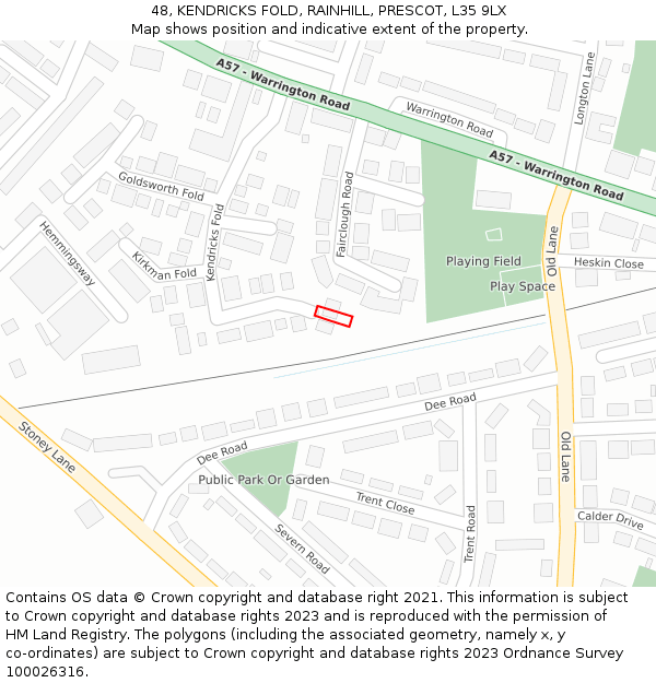 48, KENDRICKS FOLD, RAINHILL, PRESCOT, L35 9LX: Location map and indicative extent of plot