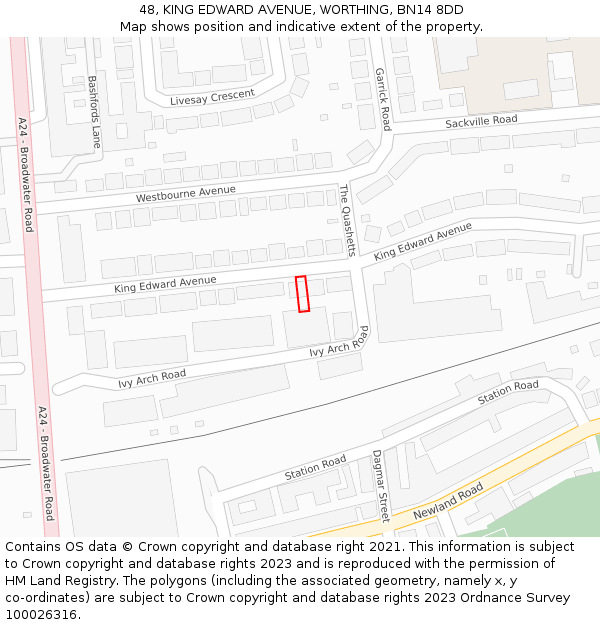 48, KING EDWARD AVENUE, WORTHING, BN14 8DD: Location map and indicative extent of plot