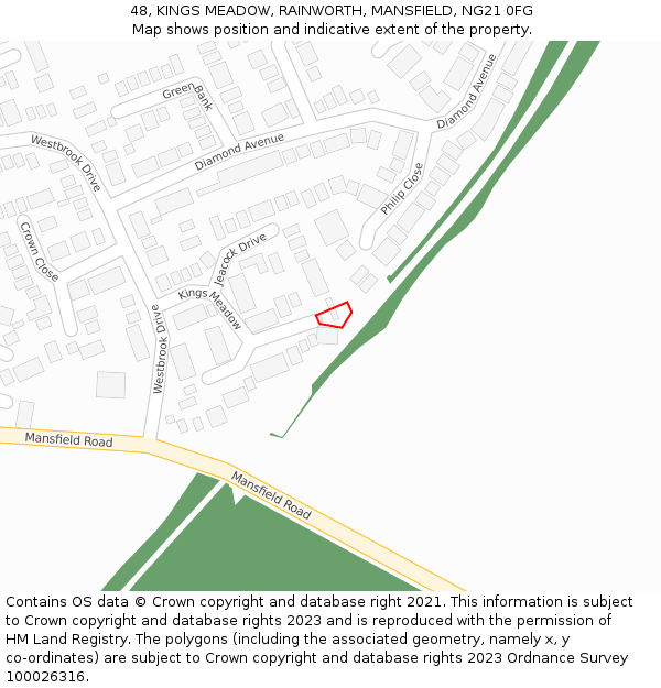 48, KINGS MEADOW, RAINWORTH, MANSFIELD, NG21 0FG: Location map and indicative extent of plot