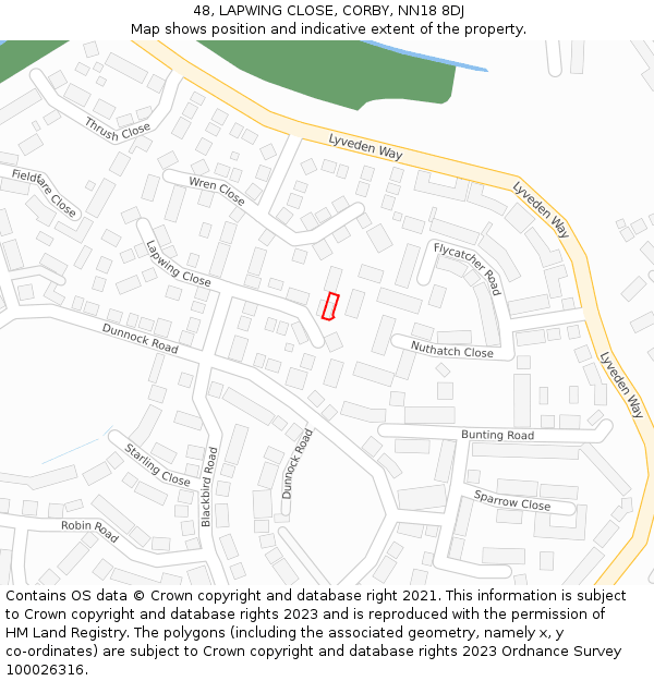 48, LAPWING CLOSE, CORBY, NN18 8DJ: Location map and indicative extent of plot