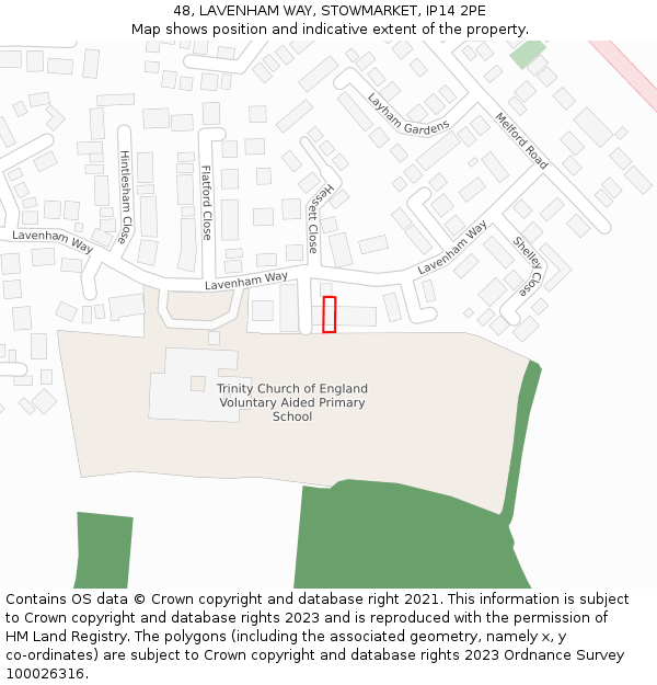 48, LAVENHAM WAY, STOWMARKET, IP14 2PE: Location map and indicative extent of plot