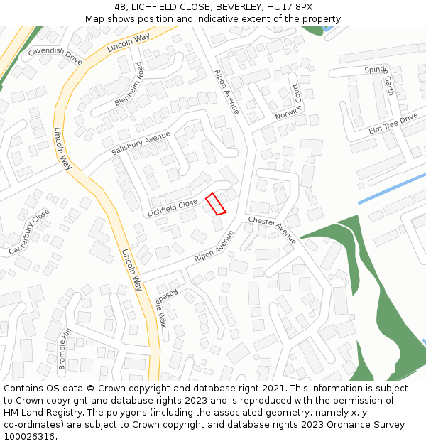 48, LICHFIELD CLOSE, BEVERLEY, HU17 8PX: Location map and indicative extent of plot