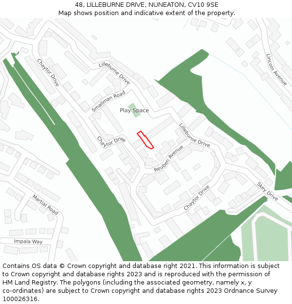 48, LILLEBURNE DRIVE, NUNEATON, CV10 9SE: Location map and indicative extent of plot