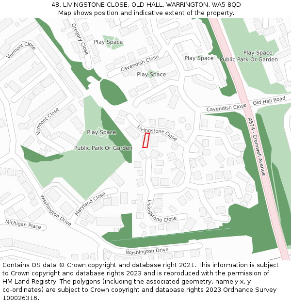 48, LIVINGSTONE CLOSE, OLD HALL, WARRINGTON, WA5 8QD: Location map and indicative extent of plot