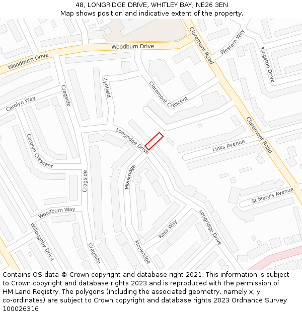 48, LONGRIDGE DRIVE, WHITLEY BAY, NE26 3EN: Location map and indicative extent of plot