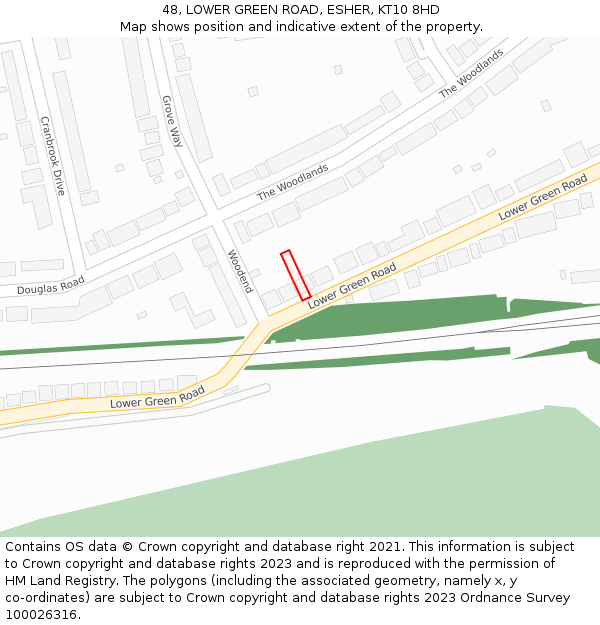 48, LOWER GREEN ROAD, ESHER, KT10 8HD: Location map and indicative extent of plot