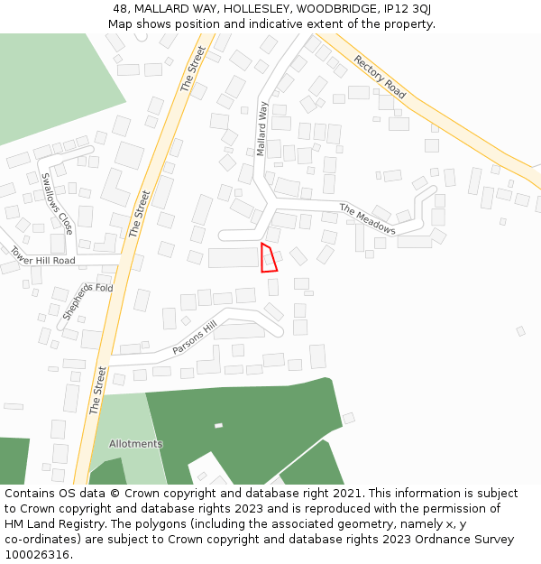 48, MALLARD WAY, HOLLESLEY, WOODBRIDGE, IP12 3QJ: Location map and indicative extent of plot