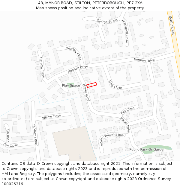 48, MANOR ROAD, STILTON, PETERBOROUGH, PE7 3XA: Location map and indicative extent of plot