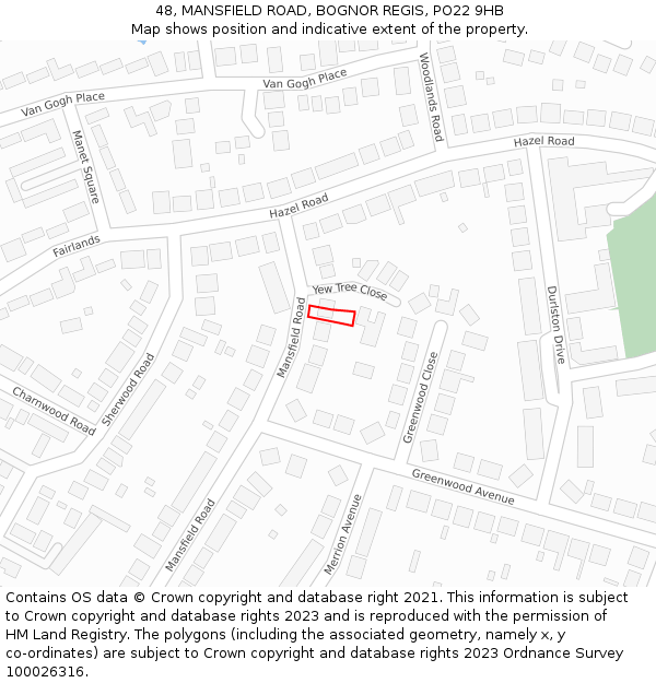 48, MANSFIELD ROAD, BOGNOR REGIS, PO22 9HB: Location map and indicative extent of plot