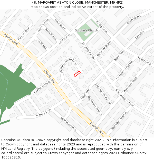 48, MARGARET ASHTON CLOSE, MANCHESTER, M9 4PZ: Location map and indicative extent of plot