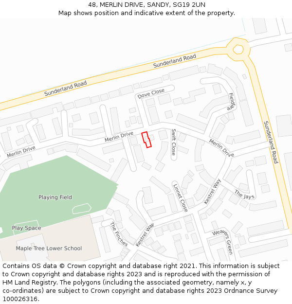 48, MERLIN DRIVE, SANDY, SG19 2UN: Location map and indicative extent of plot