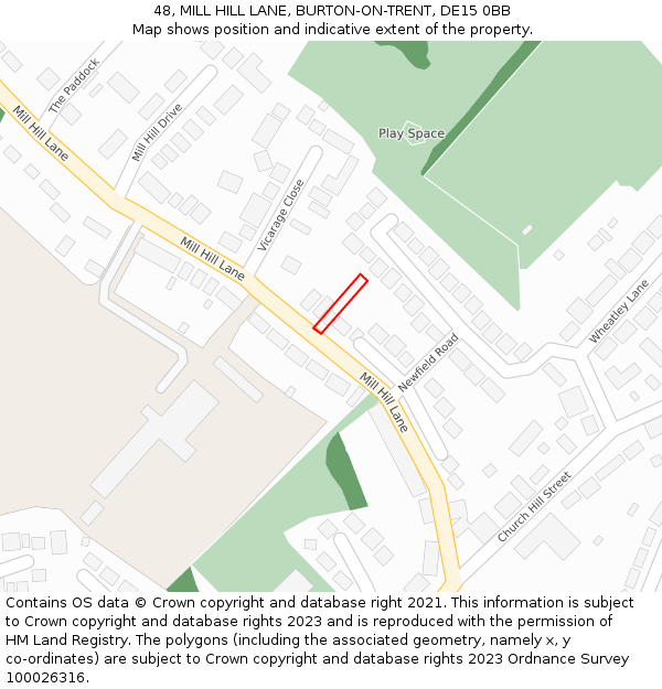 48, MILL HILL LANE, BURTON-ON-TRENT, DE15 0BB: Location map and indicative extent of plot