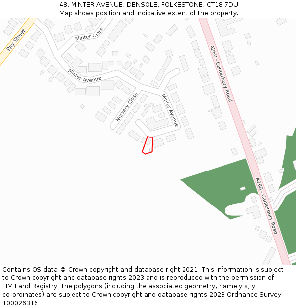 48, MINTER AVENUE, DENSOLE, FOLKESTONE, CT18 7DU: Location map and indicative extent of plot