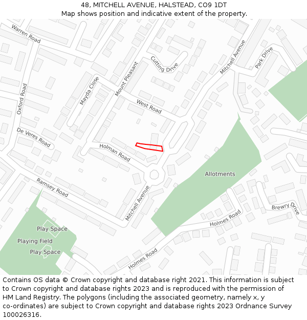 48, MITCHELL AVENUE, HALSTEAD, CO9 1DT: Location map and indicative extent of plot