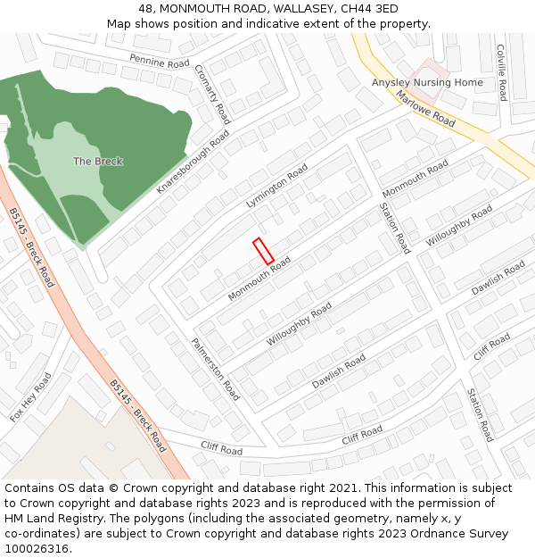 48, MONMOUTH ROAD, WALLASEY, CH44 3ED: Location map and indicative extent of plot