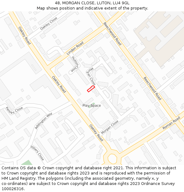 48, MORGAN CLOSE, LUTON, LU4 9GL: Location map and indicative extent of plot