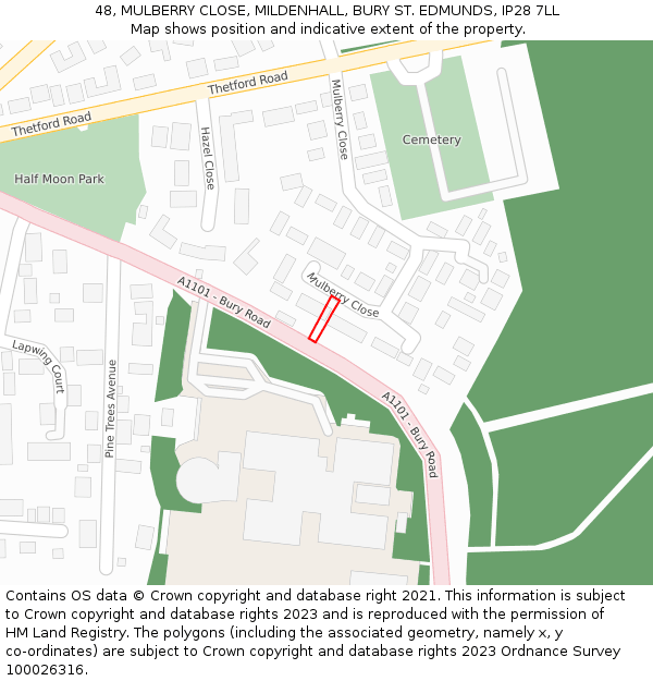 48, MULBERRY CLOSE, MILDENHALL, BURY ST. EDMUNDS, IP28 7LL: Location map and indicative extent of plot