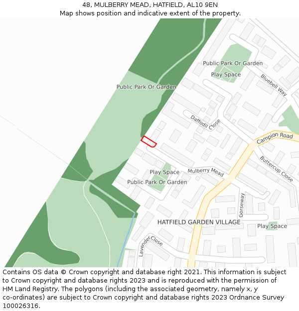 48, MULBERRY MEAD, HATFIELD, AL10 9EN: Location map and indicative extent of plot