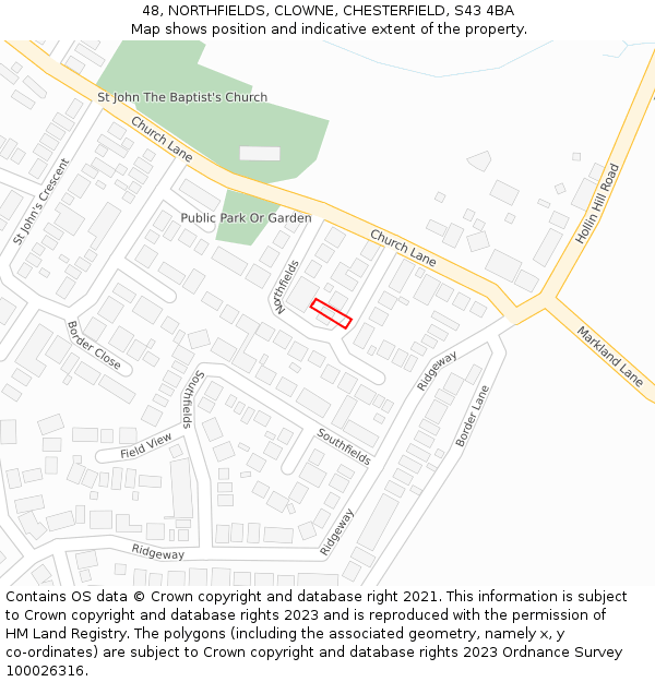 48, NORTHFIELDS, CLOWNE, CHESTERFIELD, S43 4BA: Location map and indicative extent of plot