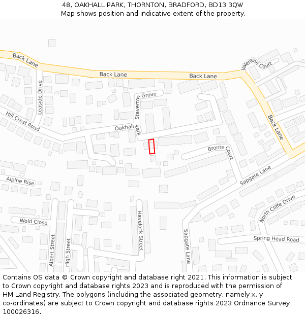 48, OAKHALL PARK, THORNTON, BRADFORD, BD13 3QW: Location map and indicative extent of plot