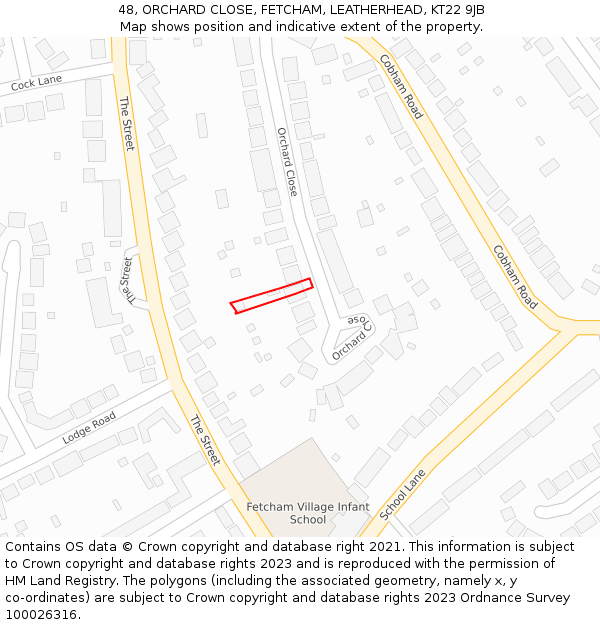 48, ORCHARD CLOSE, FETCHAM, LEATHERHEAD, KT22 9JB: Location map and indicative extent of plot