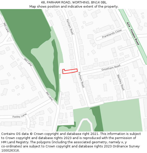 48, PARHAM ROAD, WORTHING, BN14 0BL: Location map and indicative extent of plot