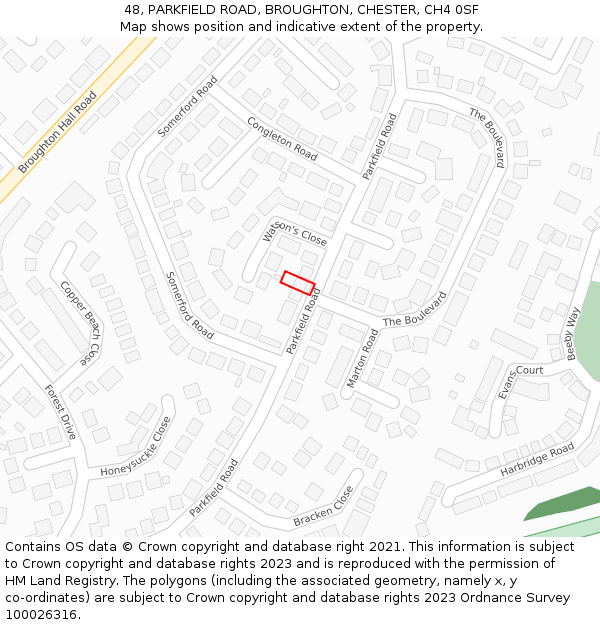 48, PARKFIELD ROAD, BROUGHTON, CHESTER, CH4 0SF: Location map and indicative extent of plot
