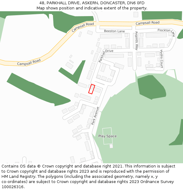 48, PARKHALL DRIVE, ASKERN, DONCASTER, DN6 0FD: Location map and indicative extent of plot