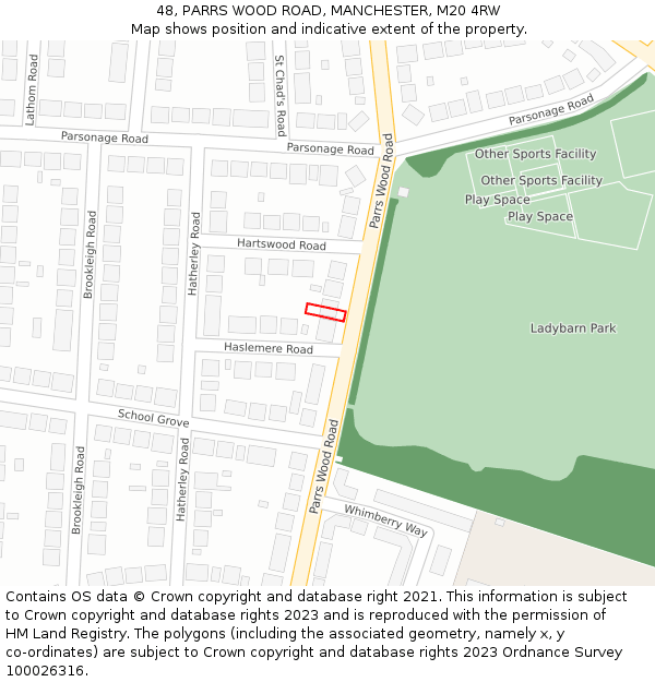 48, PARRS WOOD ROAD, MANCHESTER, M20 4RW: Location map and indicative extent of plot