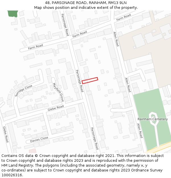 48, PARSONAGE ROAD, RAINHAM, RM13 9LN: Location map and indicative extent of plot