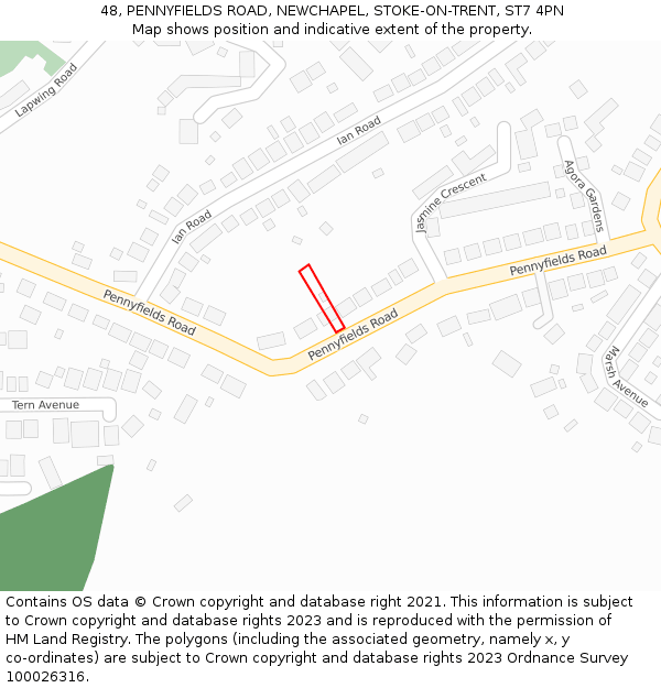 48, PENNYFIELDS ROAD, NEWCHAPEL, STOKE-ON-TRENT, ST7 4PN: Location map and indicative extent of plot