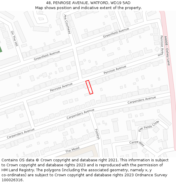 48, PENROSE AVENUE, WATFORD, WD19 5AD: Location map and indicative extent of plot