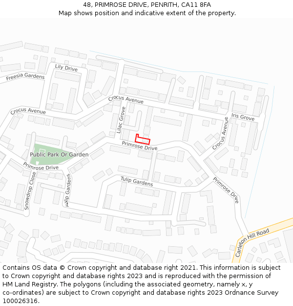 48, PRIMROSE DRIVE, PENRITH, CA11 8FA: Location map and indicative extent of plot